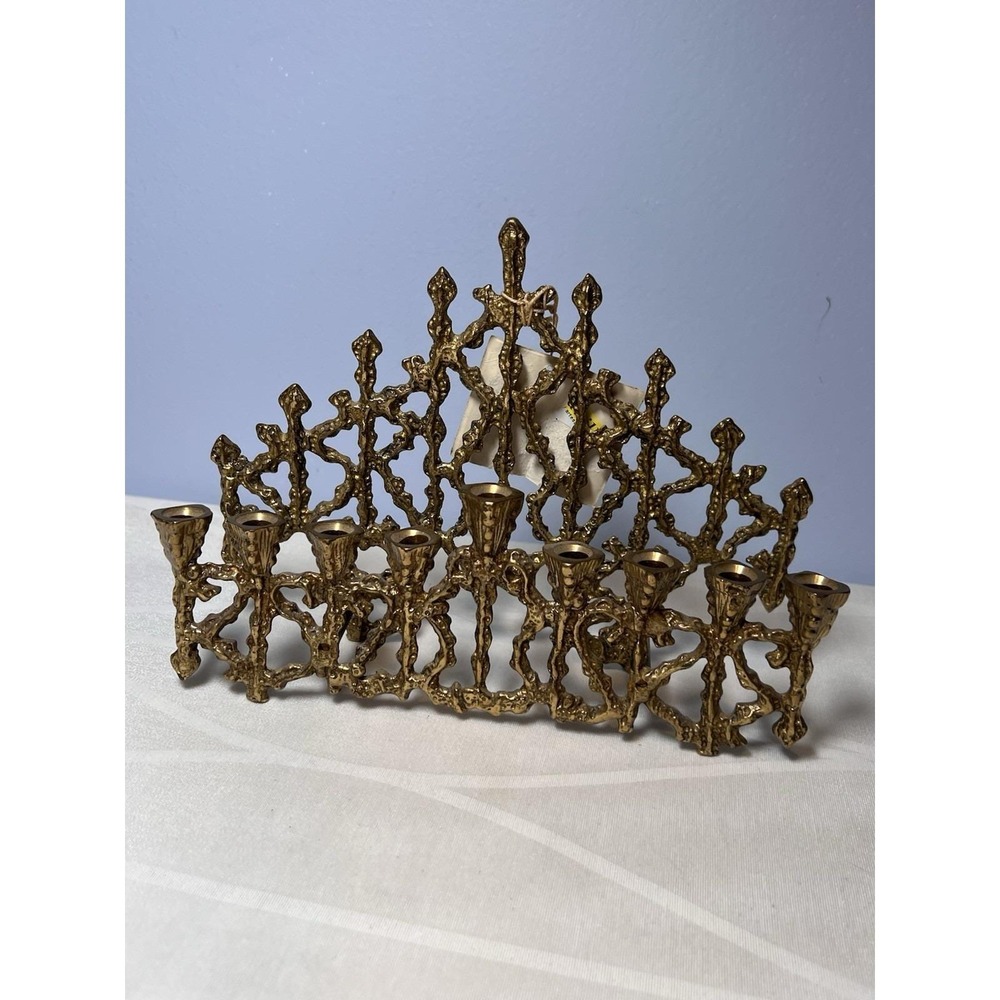 VTG Brutalist Brass Hanukkah Menorah Judaica Tamar Holy Land Israel